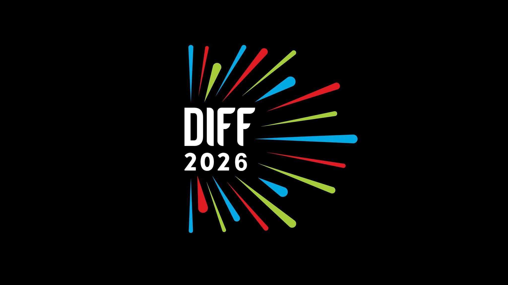 DIFF 2026 logo on a black background with colorful radial streaks emanating from the left of the text