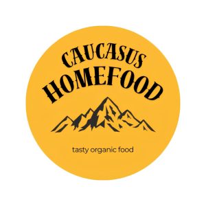 Logo: round yellow badge with black mountains and 'CAUCASUS HOMEFOOD' text, plus 'tasty organic food' tagline