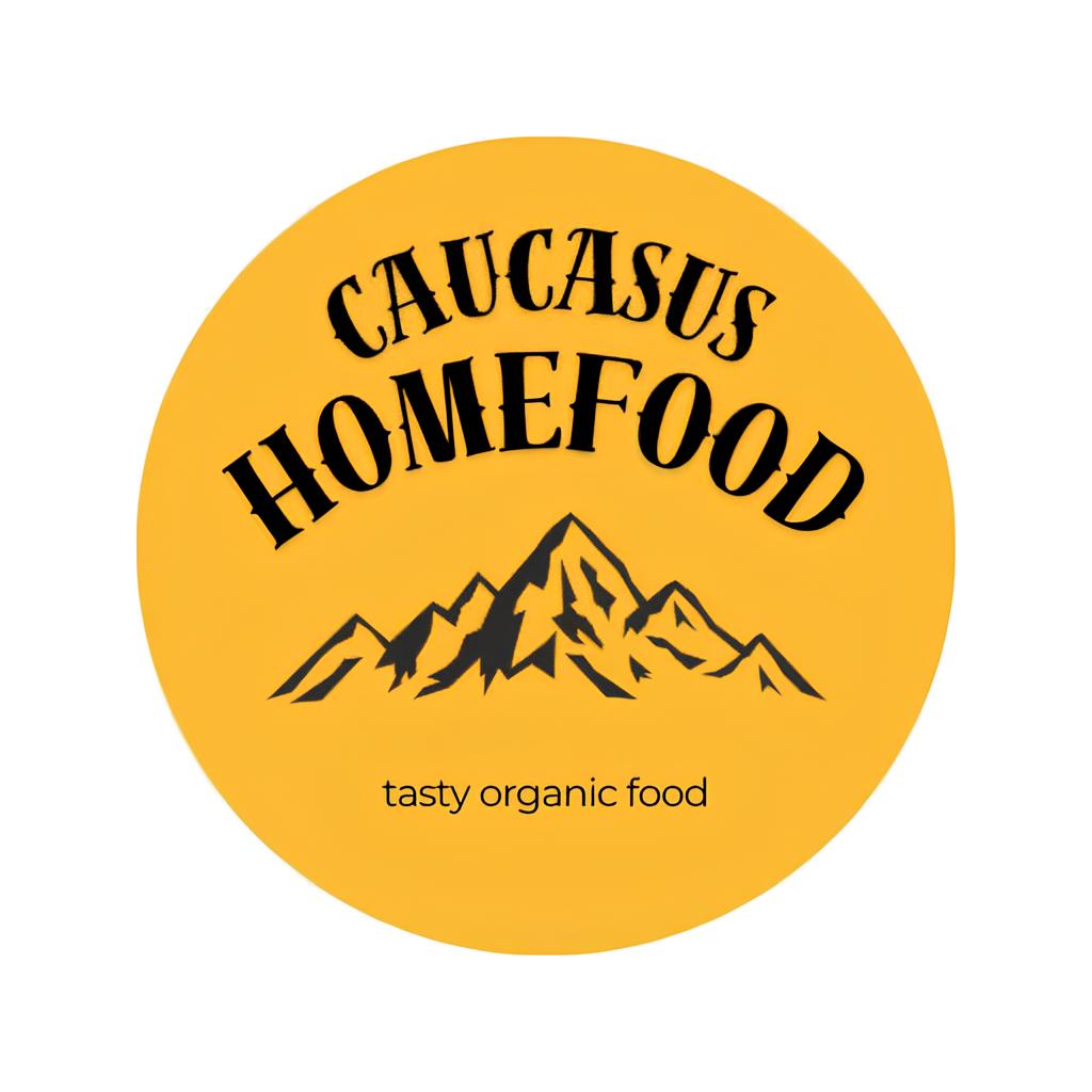 Logo: round yellow badge with black mountains and 'CAUCASUS HOMEFOOD' text, plus 'tasty organic food' tagline