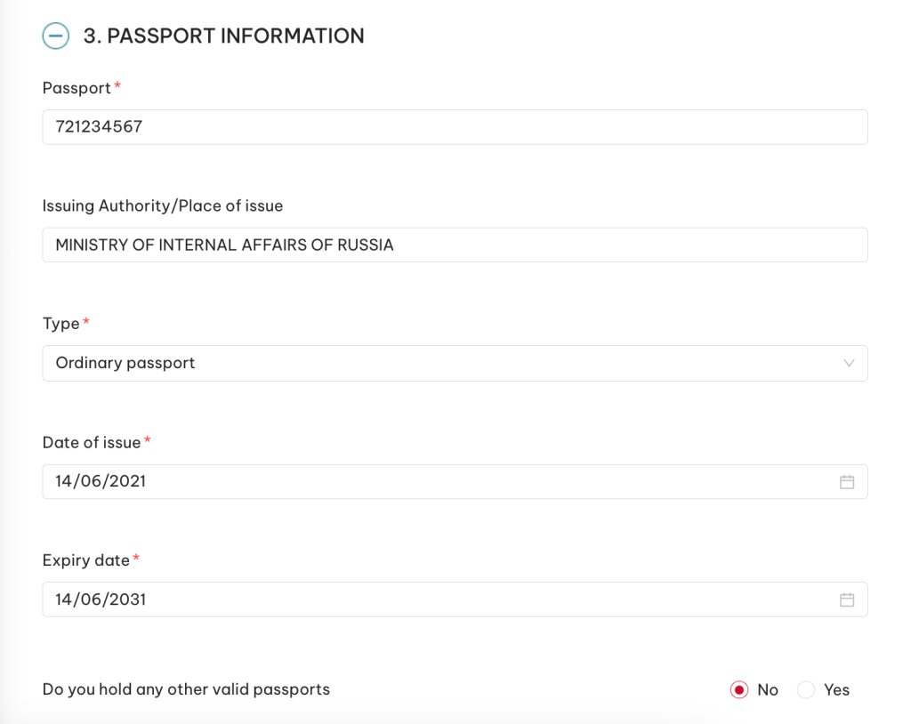 Скриншот анкеты e-Visa: раздел Passport information с номером, органом выдачи и датами паспорта