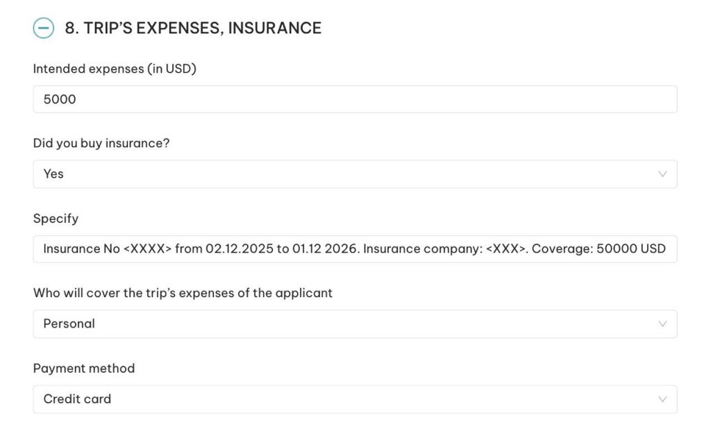 Скриншот анкеты e-Visa: раздел Trip's expenses, insurance с расходами, страховкой и способом оплаты