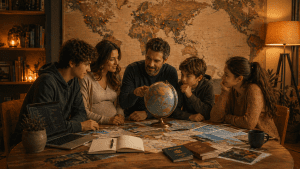 A family gathers around a cluttered map-covered table, studying a globe together by warm lamp light.