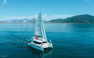 White catamaran sailing on calm blue water with a distant coastline of high-rise buildings and green mountains under a clear sky (Aphrodite branding visible in the top-left).