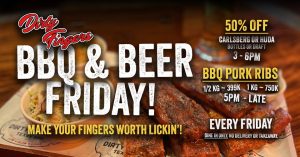 ປ້າຍໂຄສະນາສຳລັບວັນສຸກ BBQ & Beer ພ້ອມກັບຊີ້ນງົວ, ປະກາດສ່ວນຫຼຸດ 50% ແລະຂໍ້ສະເໜີທຸກໆວັນສຸກທີ່ Dirty Fingers.
