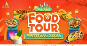 Bright Danang Food Tour Festival 2026 poster with colorful dishes surrounding a bold 'FOOD TOUR' title.