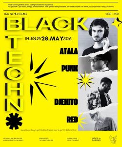Bright yellow nightlife poster announcing 4 DJs all night: Atala, Punkx, Djekito, Red, with large BLACK lettering and starburst graphics; Thursday 28 May 2026.