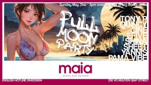 Promotional banner for a Full Moon Party at Maïa Beach Bar Danang, showing a woman in a floral bikini on a tropical sunset beach.