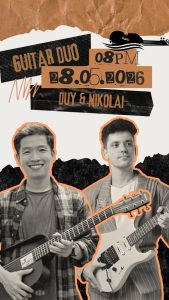 Poster promoting a guitar duo event with two guitarists, date 28.05.2026 and 8 PM, featuring Duy & Nikolai (collage style).