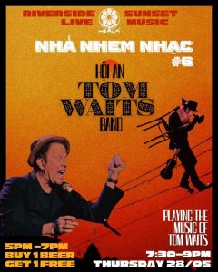 Event poster for Riverside Live Sunset Music: a Tom Waits tribute band performing, with a singer at a microphone on the left and a guitarist silhouette on an orange gradient background; includes schedule and offer details (7:30–9:00, Thursday 28/05, buy 1 beer, get 1 free).