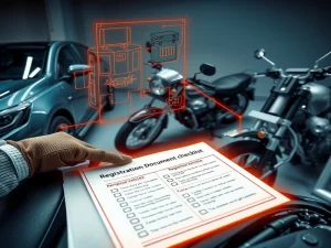 Gloved hand points to a Registration Document Checklist on a clipboard with orange holographic vehicle diagrams in the background showroom of motorcycles and a car.