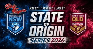 Promotional poster for State of Origin Series 2026 featuring NSW Blues shield and QLD Maroons shield, with dates May 27, June 17, July 8.