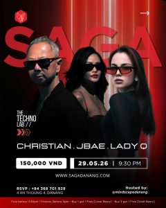 Promotional poster for SAGADANANG techno night with three people wearing sunglasses against a red neon backdrop; price, date, and time shown.