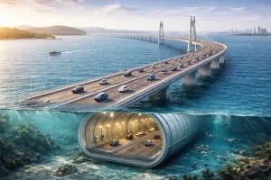 Two-layer bridge: a coastal elevated highway above water with many cars, plus an underwater tunnel section below the surface showing cars inside.