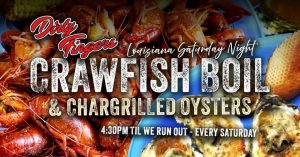 Promo banner for Dirty Fingers Louisiana Saturday Night Crawfish Boil & Chargrilled Oysters with seafood photos and bold text over seafood backdrop