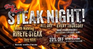 Promo poster for Dirty Fingers Steak Night with a blazing grill and a bold 'STEAK NIGHT!' headline highlighting ribeye steak offer and dine-in details.