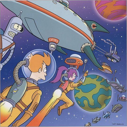 Two astronauts in orange suits float in space near Earth, with a large blue spaceship and other colorful ships nearby.