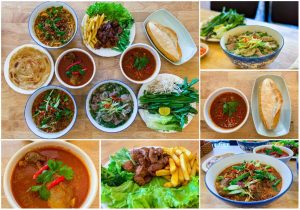 Collage of Vietnamese-style meals: multiple bowls of beef stews and noodle soups, fresh greens, and a baguette on a wooden table.