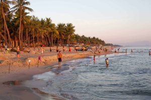 Sunset beach scene with palm trees, people swimming and strolling along the sandy shore.