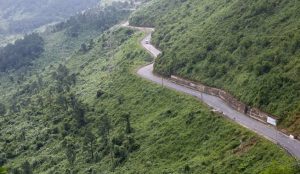 Winding mountain road zigzags along a steep, green hillside with guardrails.