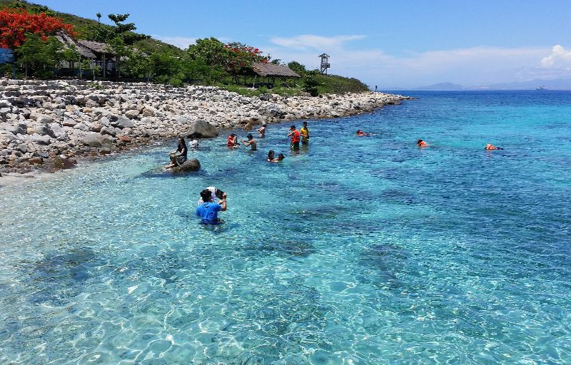 Clear turquoise water along a rocky beach with people swimming; a person in blue holds a camera in the foreground, while thatched huts line the shore.