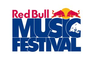 Red Bull Music Festival logo showing red 'Red Bull' text above bold blue 'MUSIC FESTIVAL' lettering with two red bulls and a yellow sun motif above.