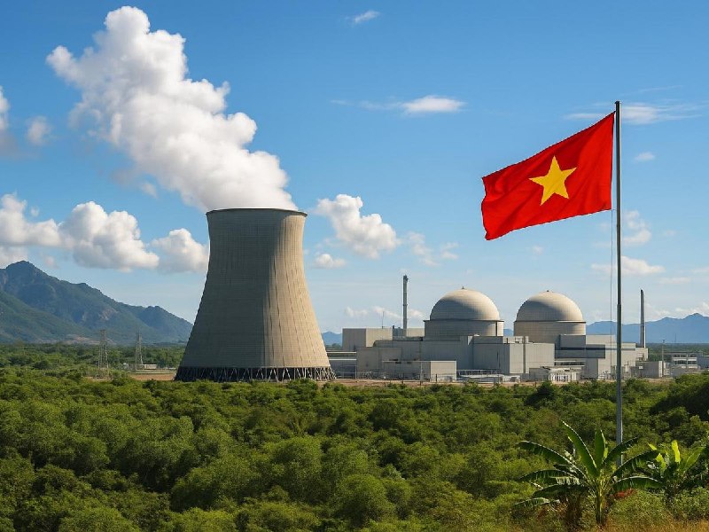 Nuclear power plant with a tall cooling tower, two dome-shaped buildings, and a Vietnamese flag in the foreground under a blue sky.
