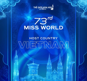 Miss World 73rd poster: Vietnam as host country, blue neon skyline and landmarks.