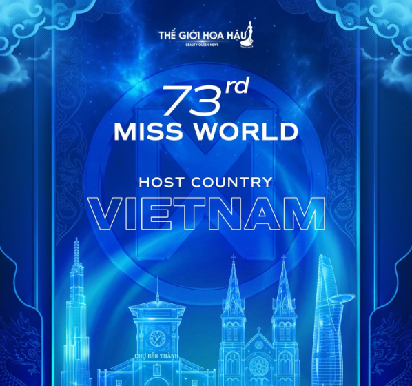Miss World 73rd poster: Vietnam as host country, blue neon skyline and landmarks.