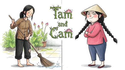 Two children, a girl sweeping with a broom and another girl with braids and a conical hat, standing beside a sign that reads 'Tam and Cam'.