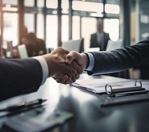 Two businesspeople shake hands across a conference table, with folders and a blurred office background.