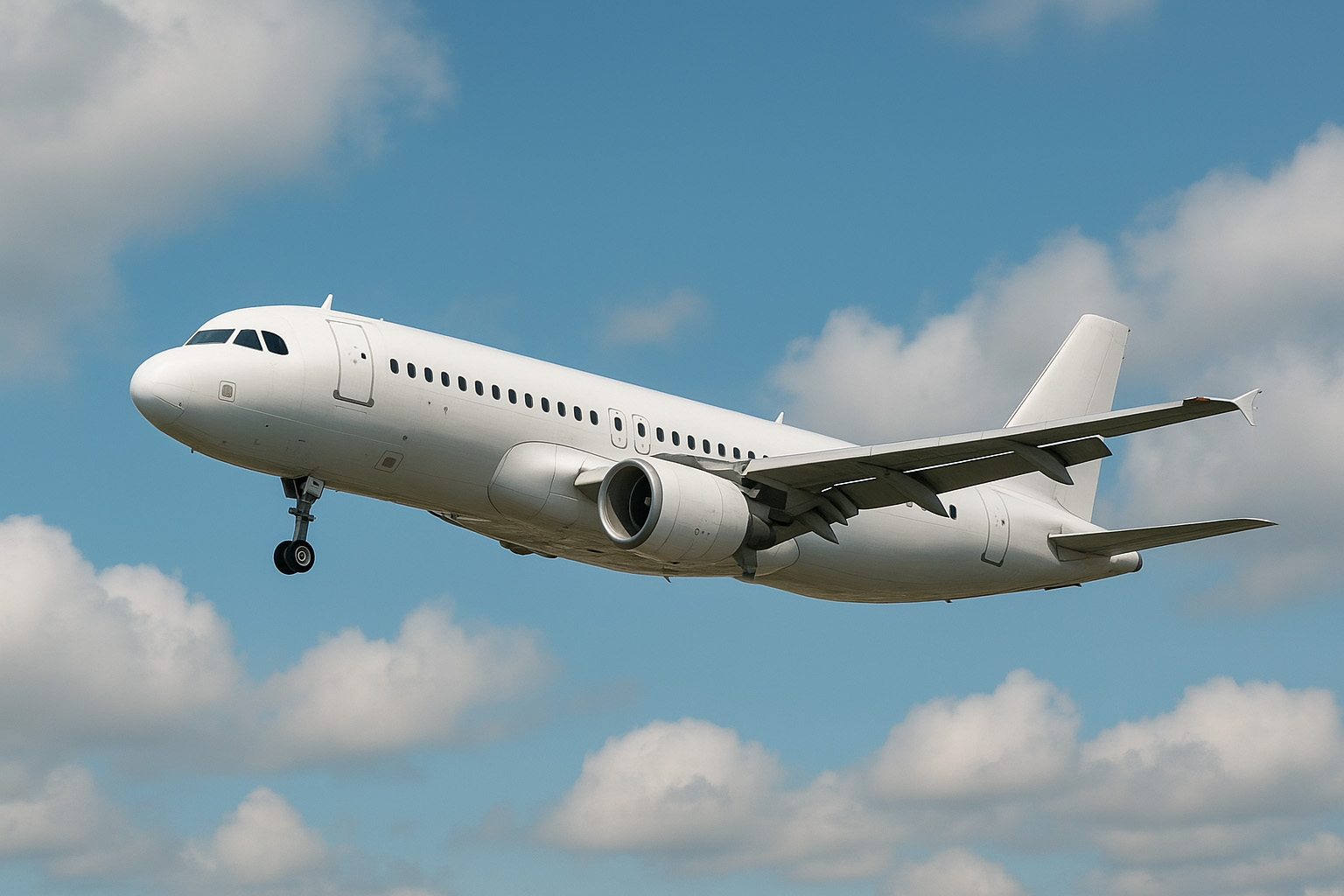 White commercial airliner in flight with landing gear down against a blue sky and scattered clouds.