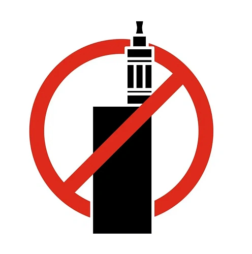 No vaping sign: a black vape device crossed by a red prohibition slash.