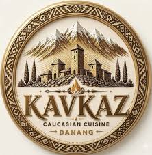 Logo for Kavkaz Caucasian Cuisine, a circular emblem featuring mountains, a fortress, trees, and an ornate border (Danang).